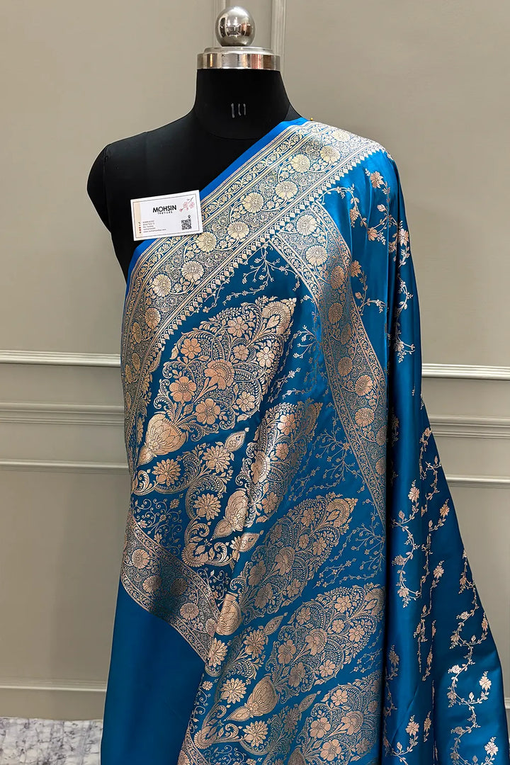 Firozi Jhadi Jaal Katan Silk Banarasi Saree