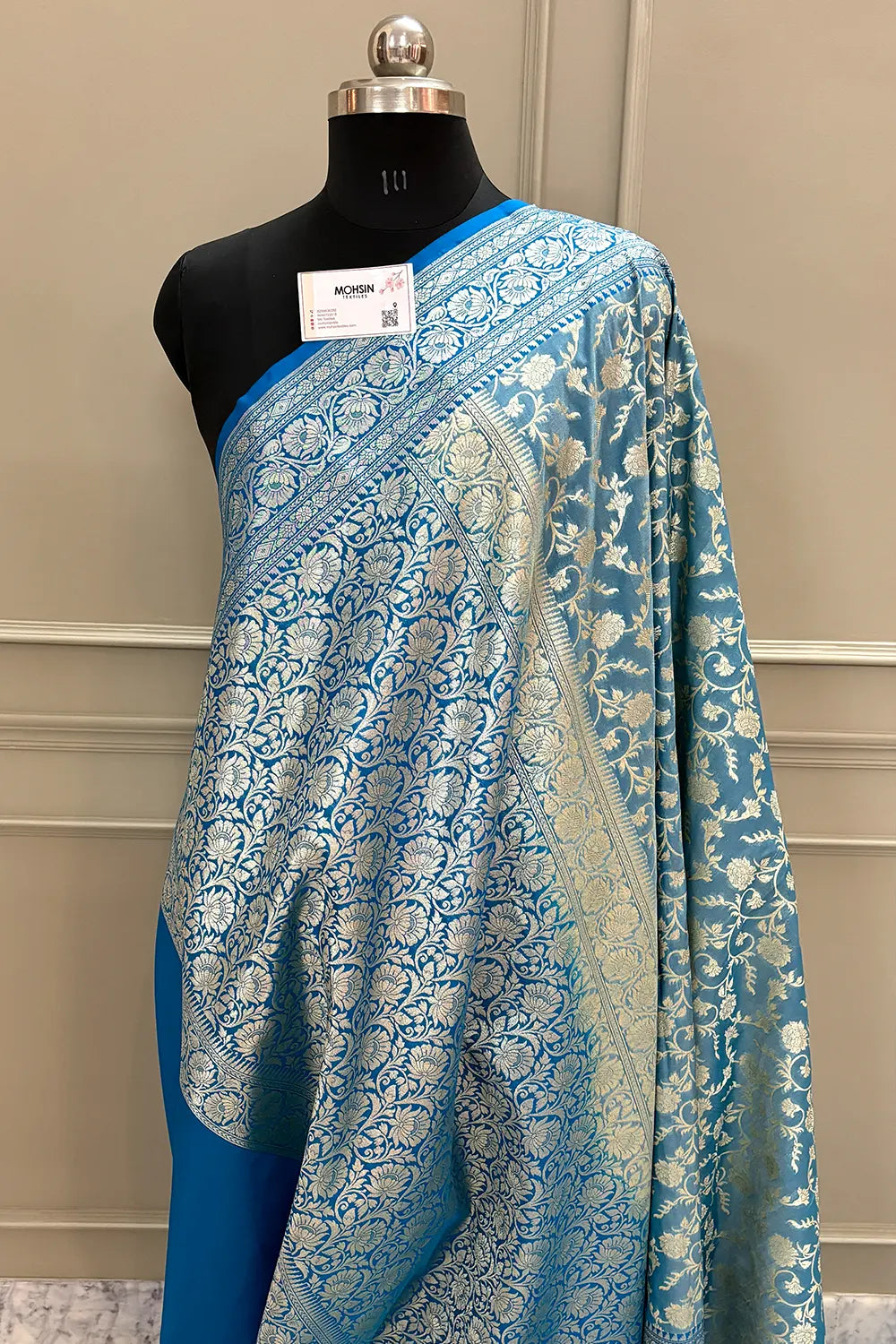 Firozi and Blue Gulabi Jaal Katan Silk Banarasi Saree