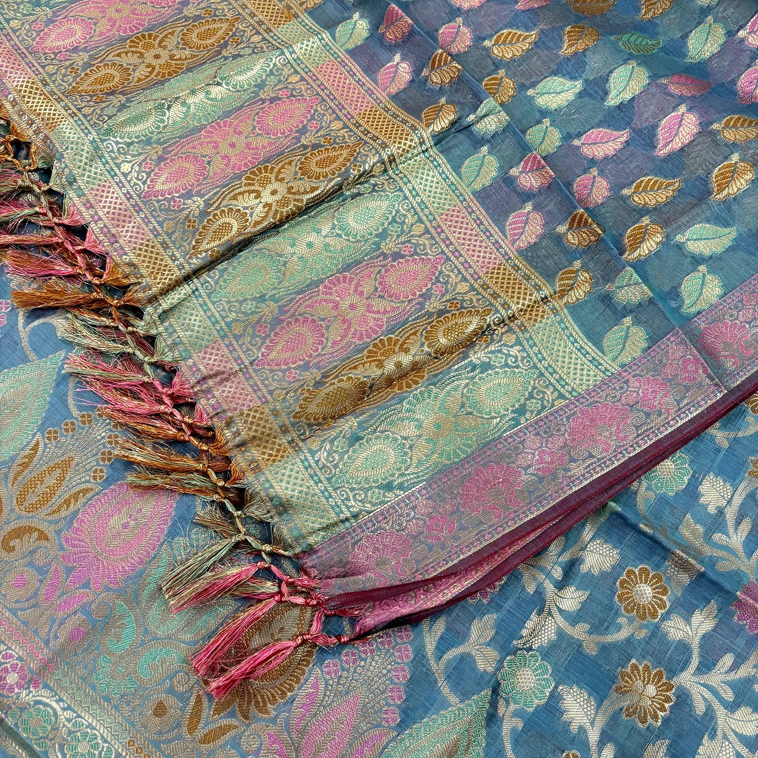 Greyish Firozi Sunheri Jaal Satin Silk Banarasi Suit