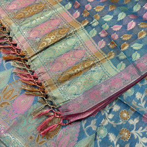 Greyish Firozi Sunheri Jaal Satin Silk Banarasi Suit