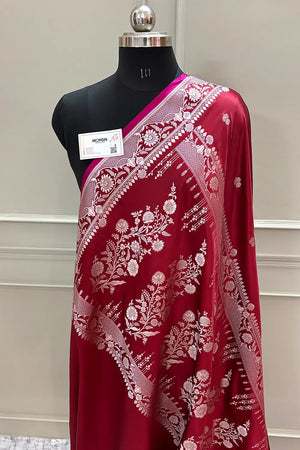 Maroon Babri Buti Katan Silk Banarasi Saree