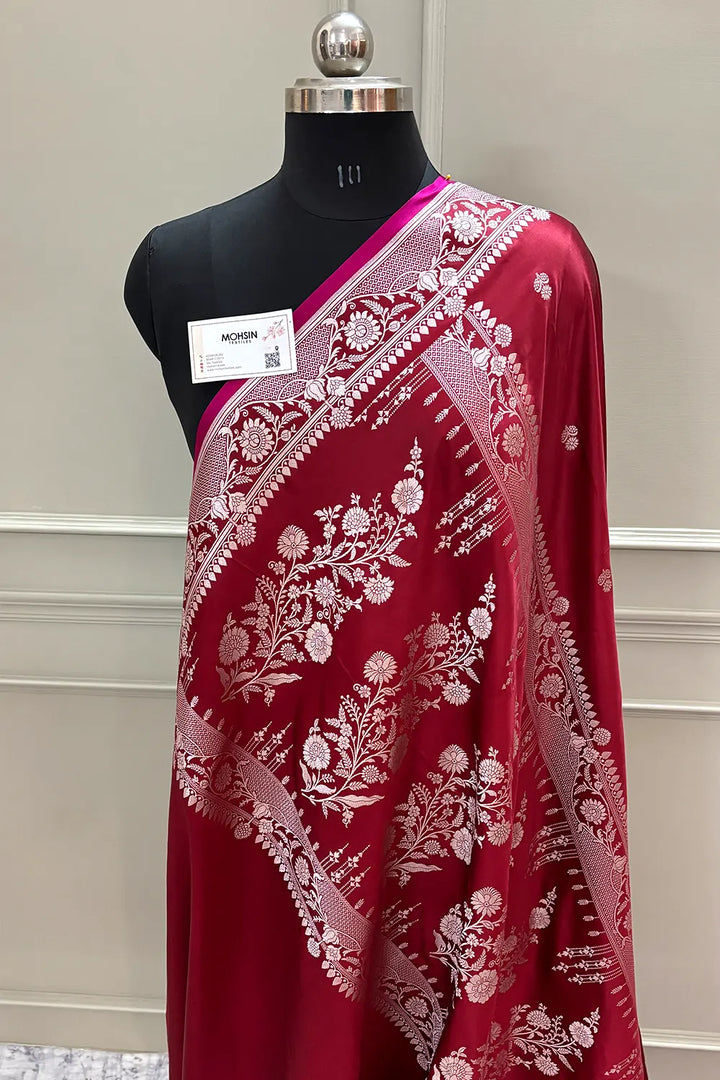 Maroon Babri Buti Katan Silk Banarasi Saree