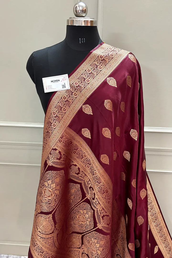 Maroon Badami Buta Katan Silk Banarasi Saree