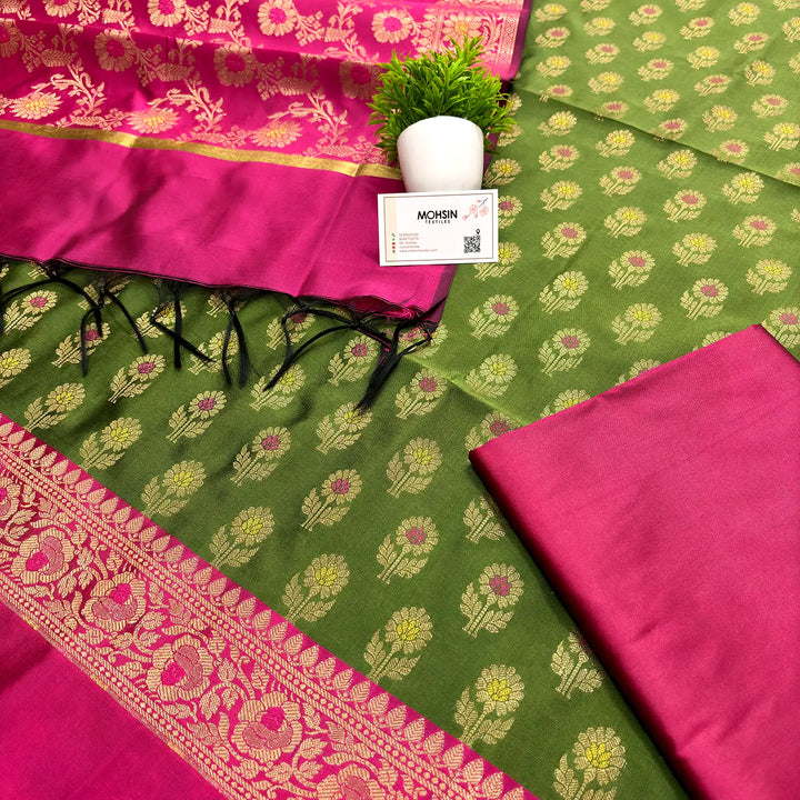 Mehendi and Pink Contrass Satin Silk Banarasi Suit