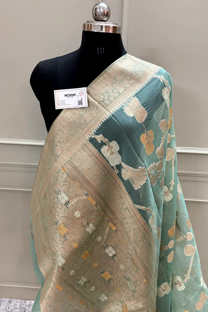 Mint Green Golden Zari Organza Silk Banarasi Saree