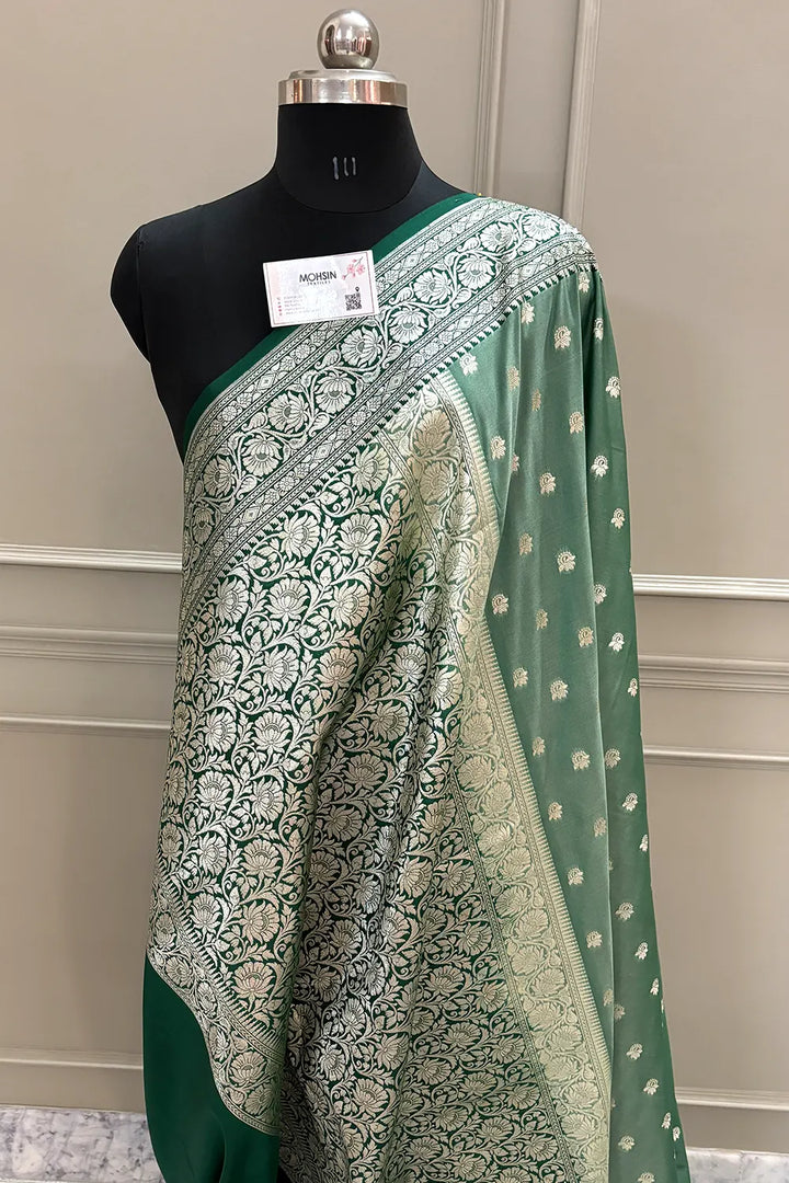 Mint and Bottle Green Ghonga Buti Katan Silk Banarasi Saree