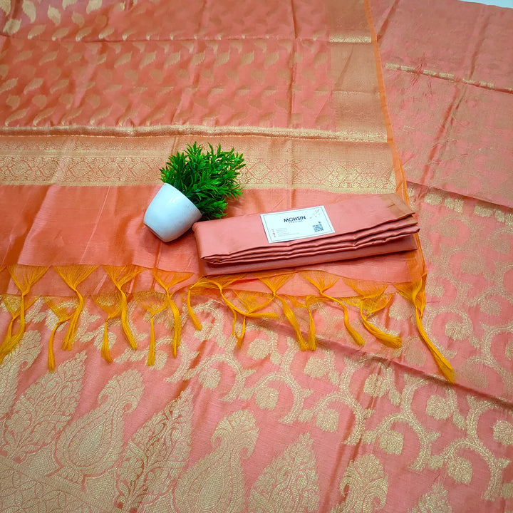 Peach Golden Zari Banarasi Silk Suit