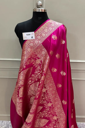 Pink Golden Flower Katan Silk Banarasi Saree