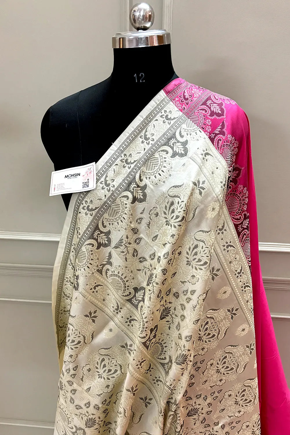 Pink and Beige Plain Resham Silk Banarasi Saree