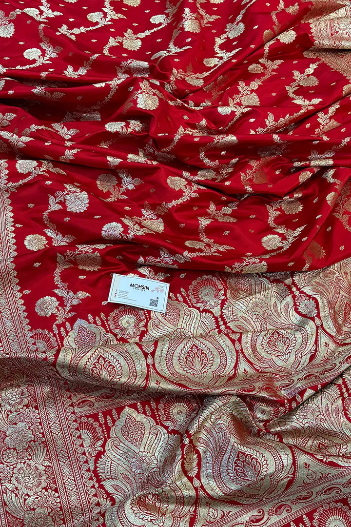 Red Tirchi Daal Katan Silk Banarasi Saree