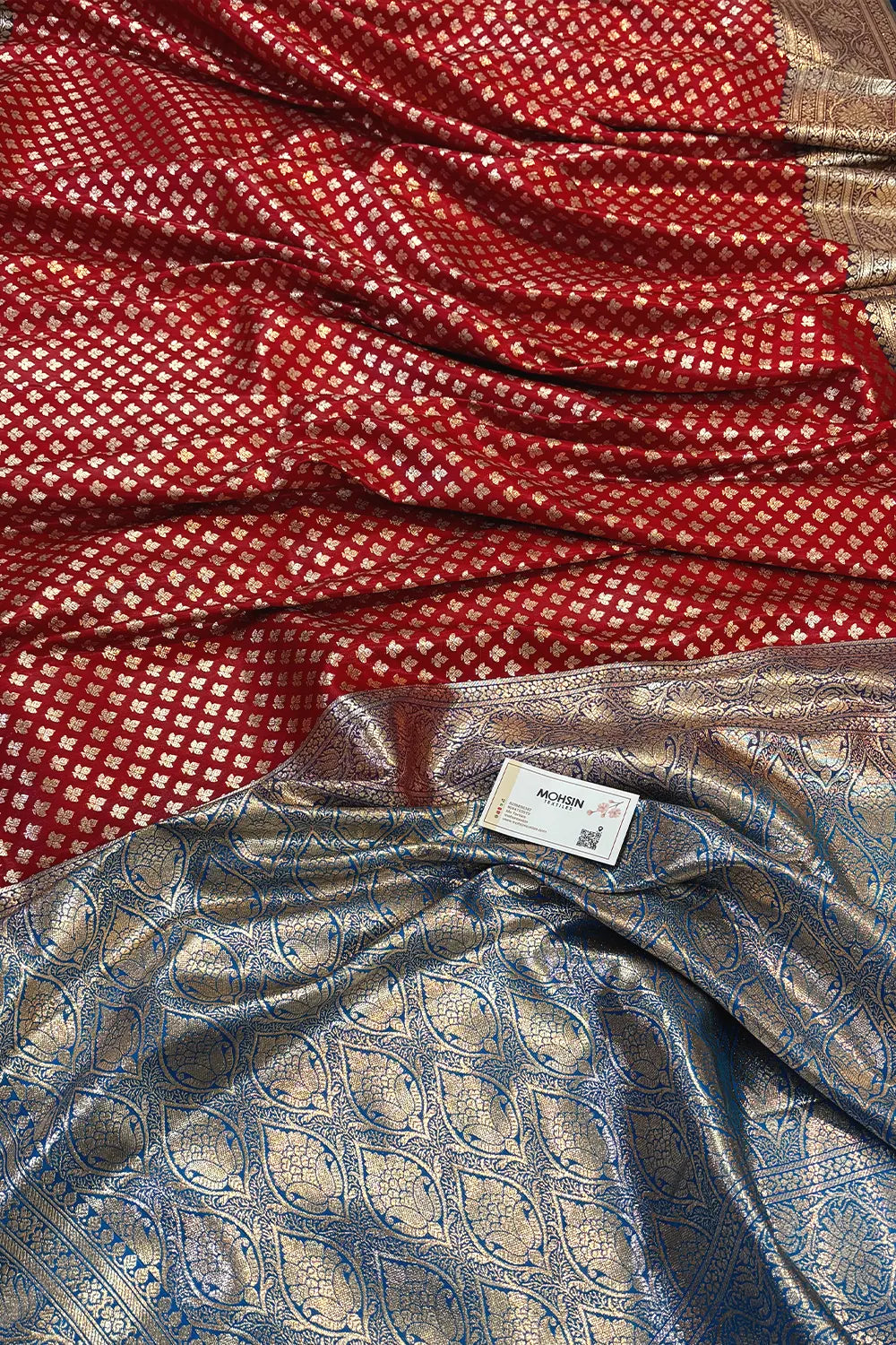 Red and Blue Chidi Buti Katan Silk Banarasi Saree