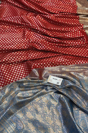 Red and Blue Chidi Buti Katan Silk Banarasi Saree