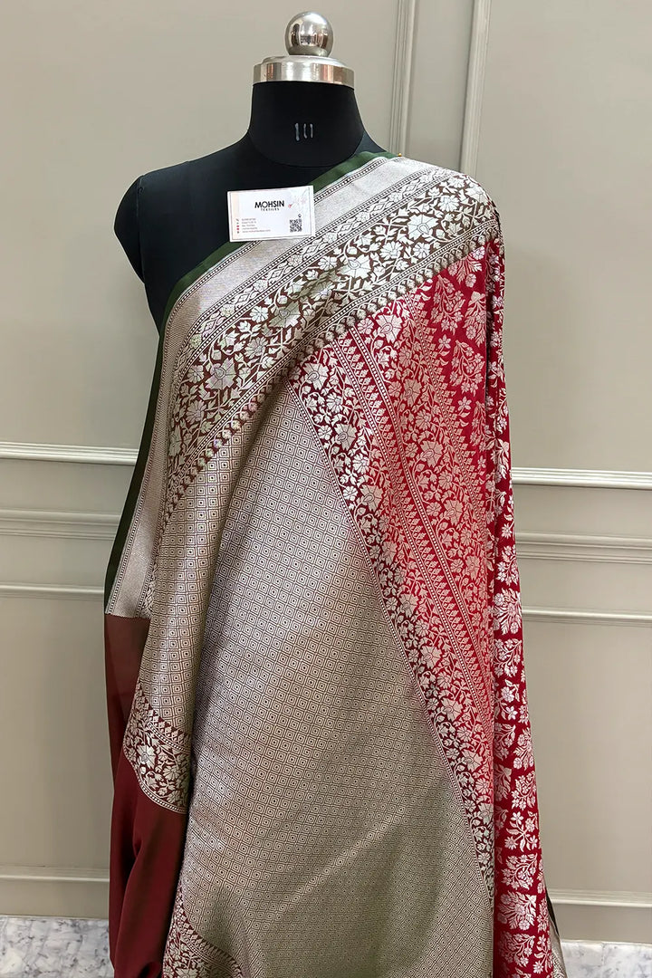 Red and Mehendi Temple Buta Katan Silk Banarasi Saree