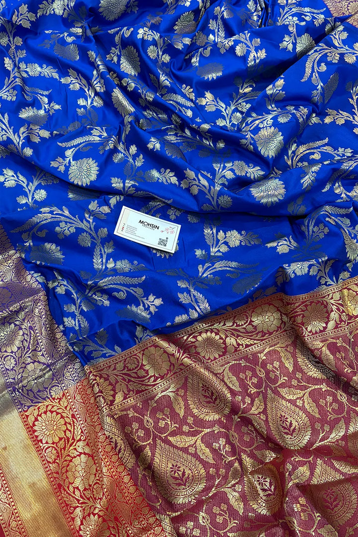 Royal Blue and Maroon Morpankhi Jaal Satin Silk Banarasi Saree