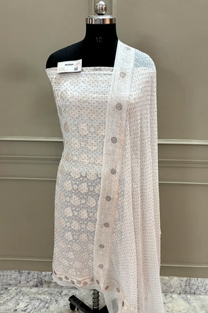 White Patta Siroski Stone Georgette Silk Banarasi Suit