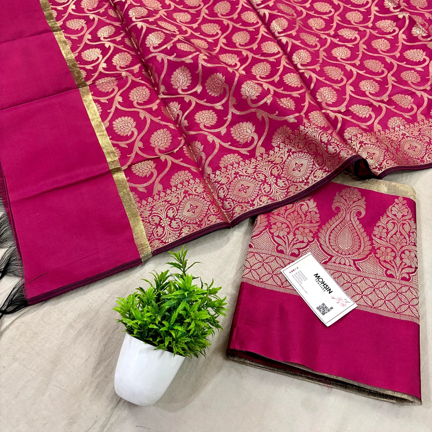 Beige and Pink Kalgha Laheriya Banarasi Silk Suit