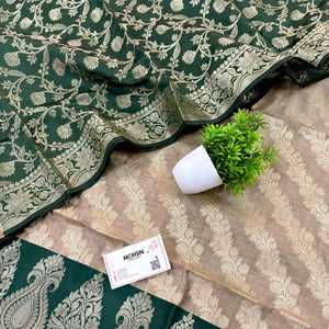 Beige and Bottle Green Kalgha Laheriya Banarasi Silk Suit