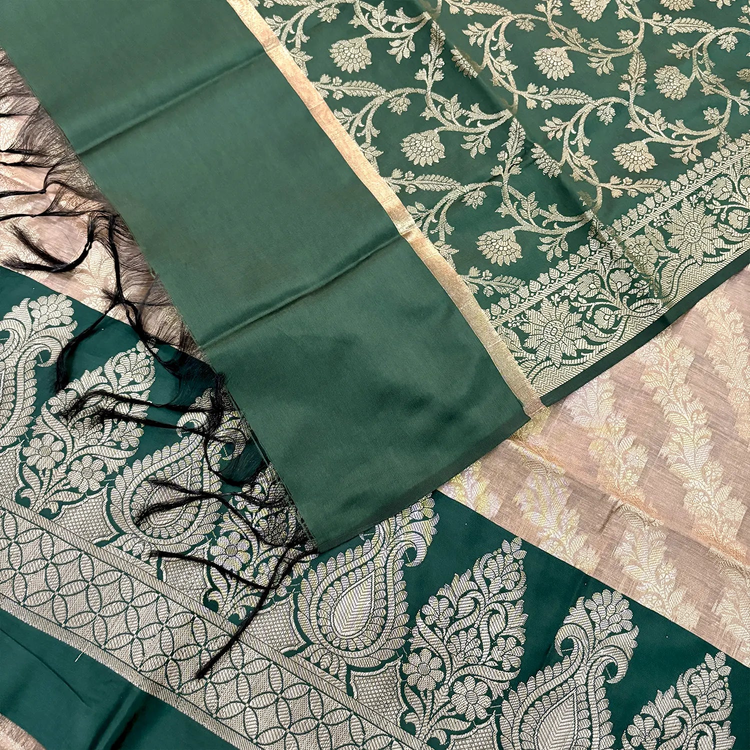 Beige and Bottle Green Kalgha Laheriya Banarasi Silk Suit