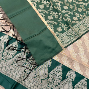 Beige and Bottle Green Kalgha Laheriya Banarasi Silk Suit