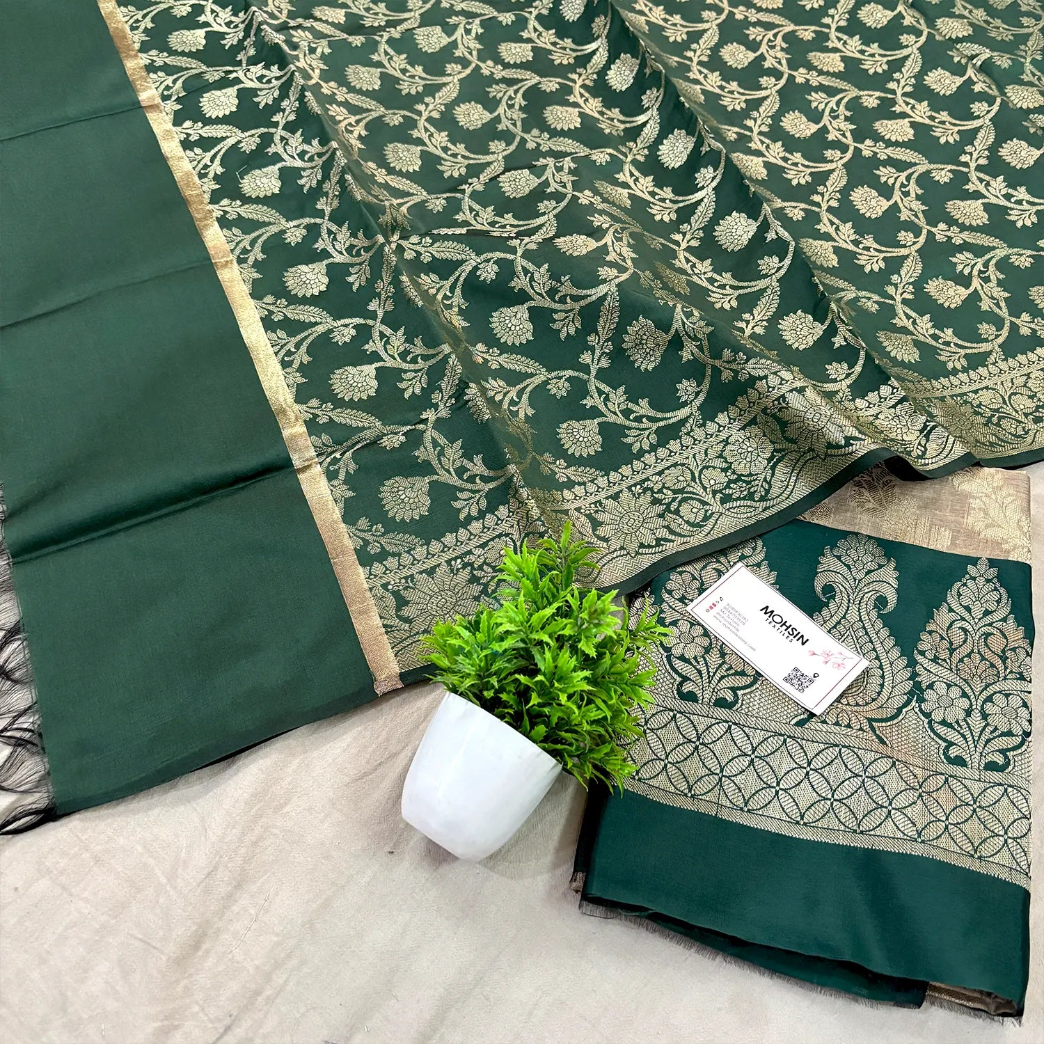Beige and Bottle Green Kalgha Laheriya Banarasi Silk Suit