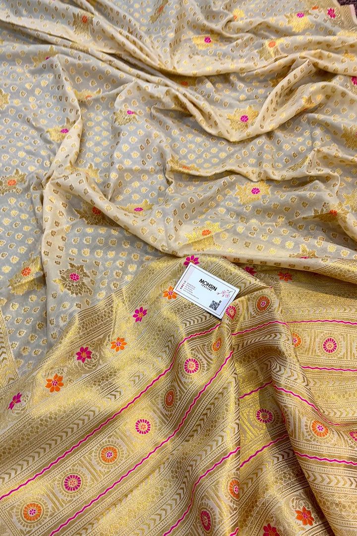 Beige Golden Zari Dola Silk Banarasi Saree