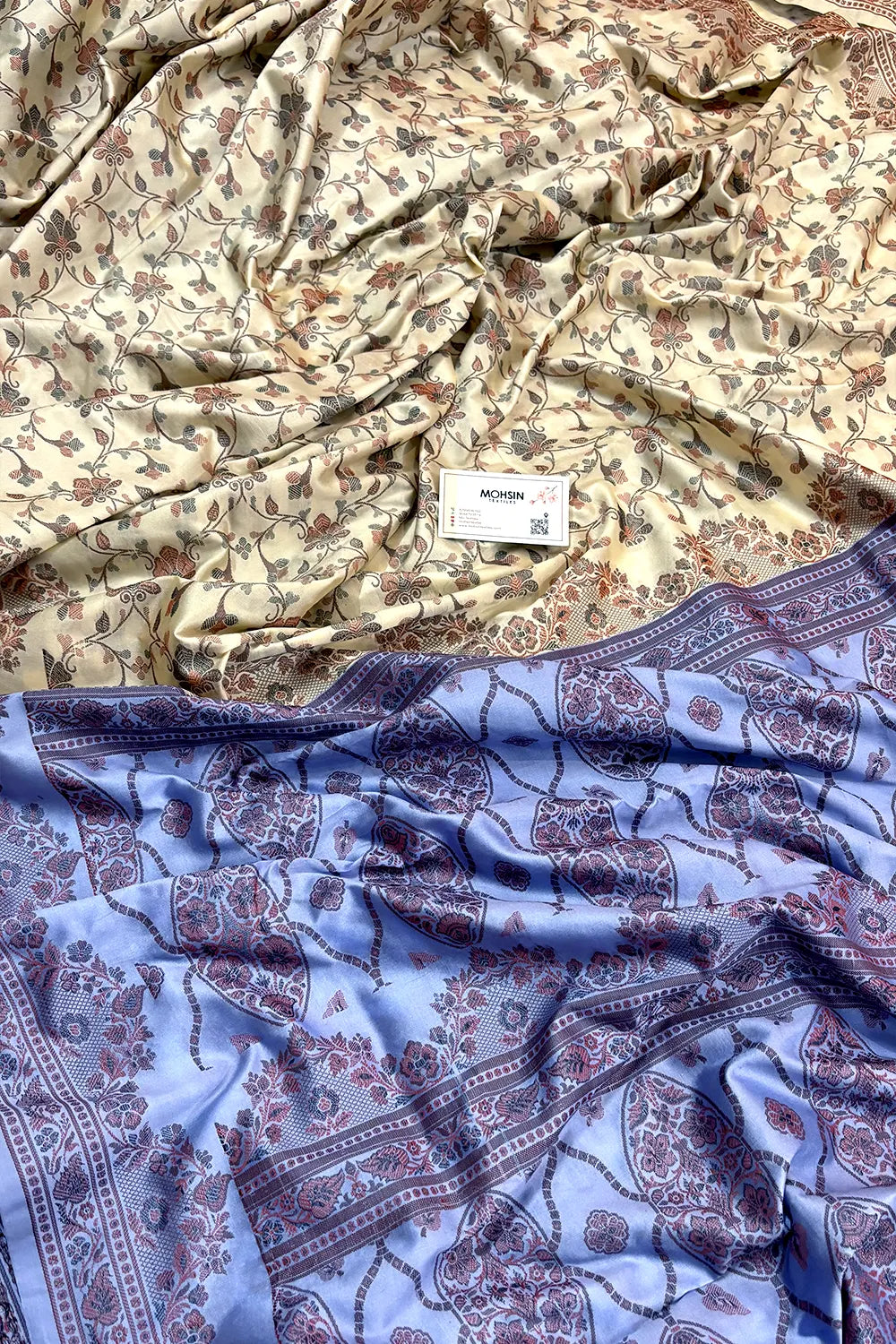 Beige and Lavender Resham Silk Banarasi Saree