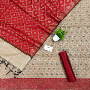 Beige and Red Patti Jaal Banarasi Silk Suit