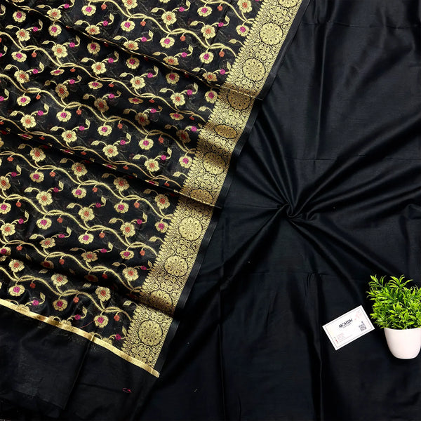 Black Plain Banarasi Silk Suit With Zari Dupatta