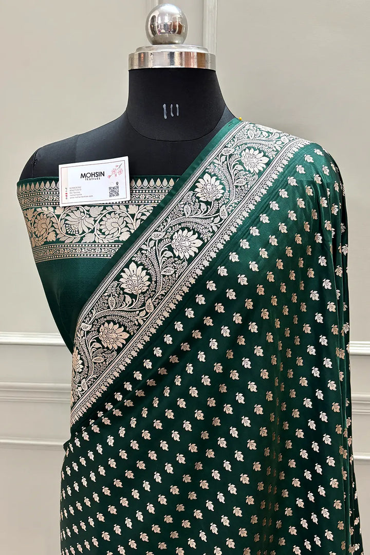 Bottle Green Chunni Buti Katan Silk Banarasi Saree