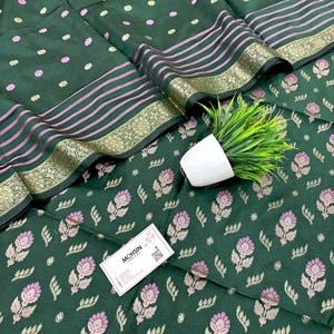 Bottle Green Golden Zari Satin Silk Banarasi Suit