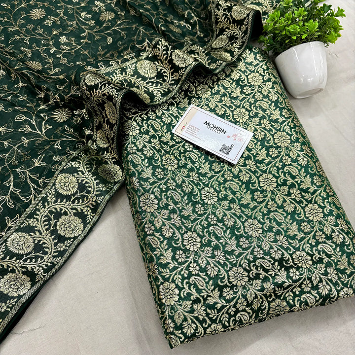 Bottle Green Golden Zari Kimkhab Silk Banarasi Gharara