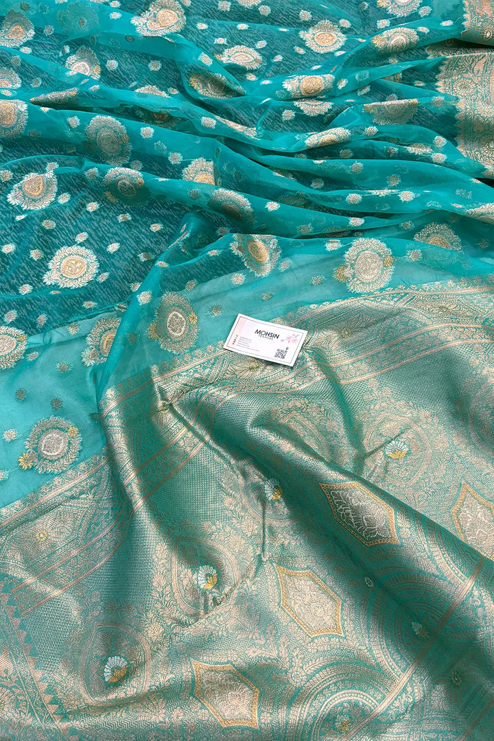 Dark Sea Green Golden Zari Organza Silk Banarasi Saree