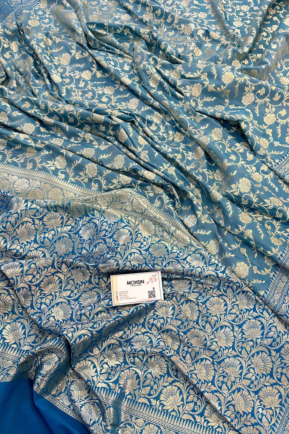 Firozi and Blue Gulabi Jaal Katan Silk Banarasi Saree