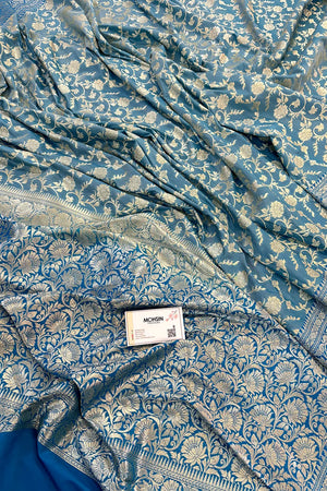 Firozi and Blue Gulabi Jaal Katan Silk Banarasi Saree