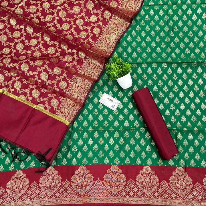 Green and Maroon Podha Satin Silk Banarasi Suit