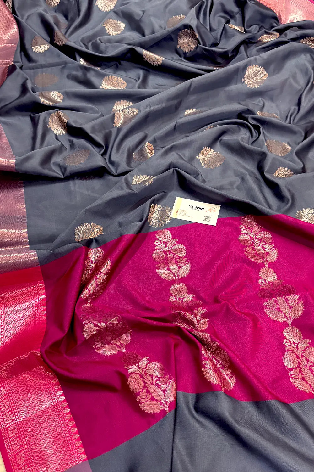 Grey and Pink Golden Zari Banarasi Silk Saree