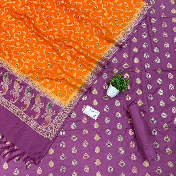 Lavender and Orange Golden Zari Katan Silk Banarasi Suit