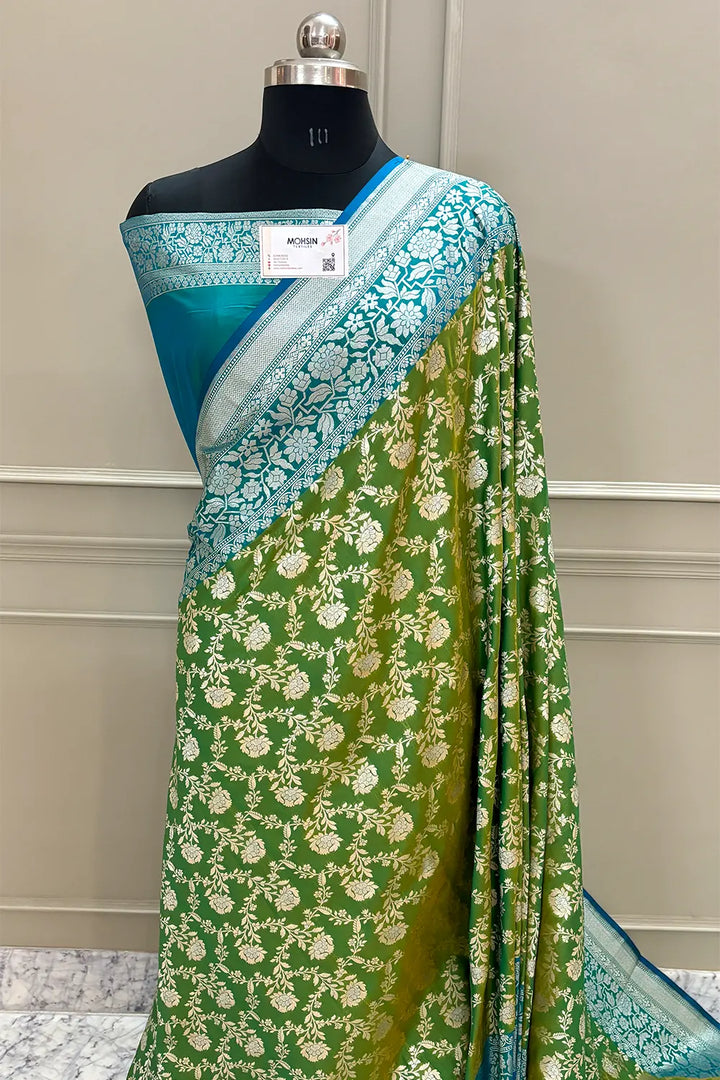 Mehendi and Teal Maharani Jaal Crepe Silk Banarasi Saree