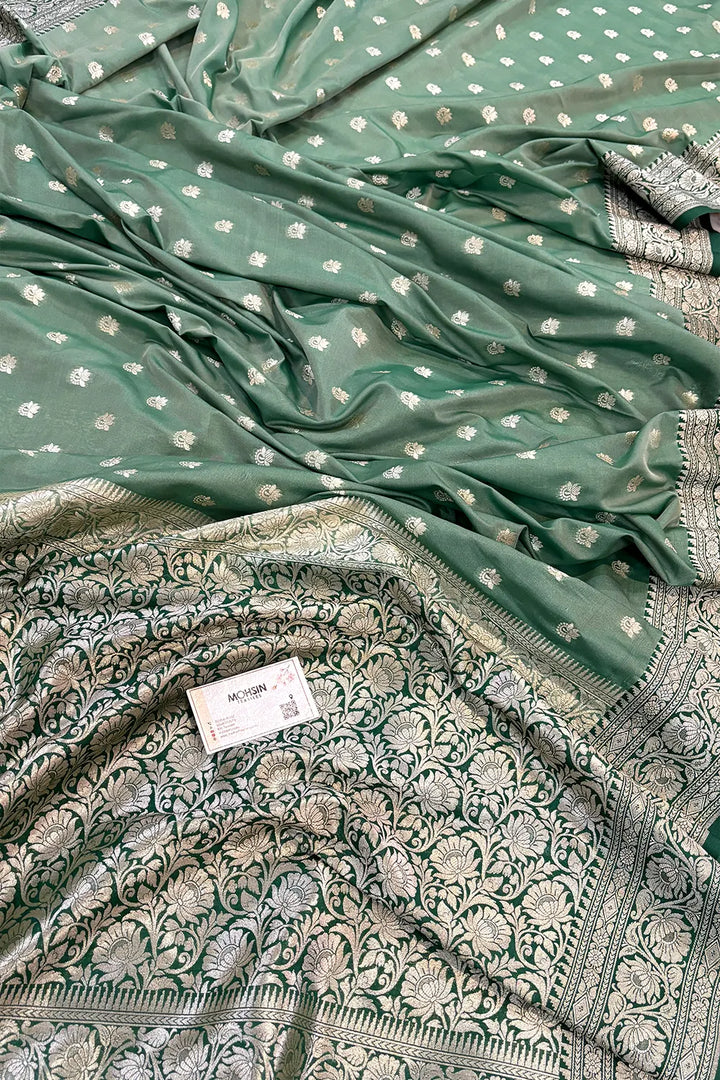 Mint and Bottle Green Ghonga Buti Katan Silk Banarasi Saree