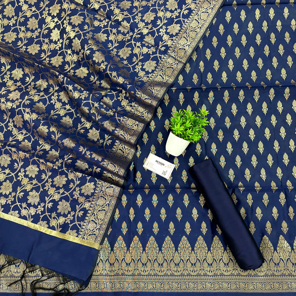 Navy Blue Parvat Buti Satin Silk Banarasi Suit