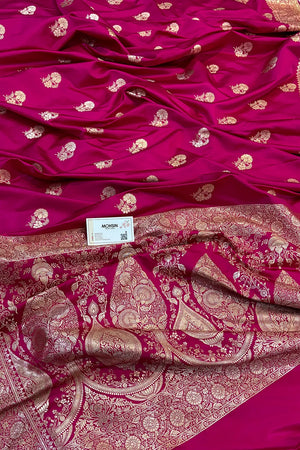 Pink Golden Flower Katan Silk Banarasi Saree
