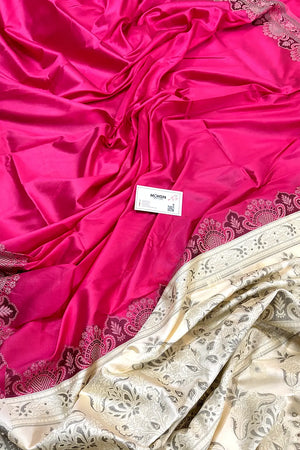 Pink and Beige Plain Resham Silk Banarasi Saree