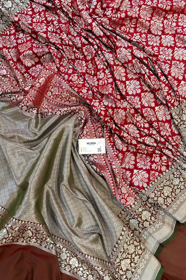 Red and Mehendi Temple Buta Katan Silk Banarasi Saree