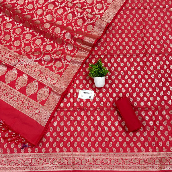 Strawberry Pink Tedhi Patti Katan Silk Banarasi Suit