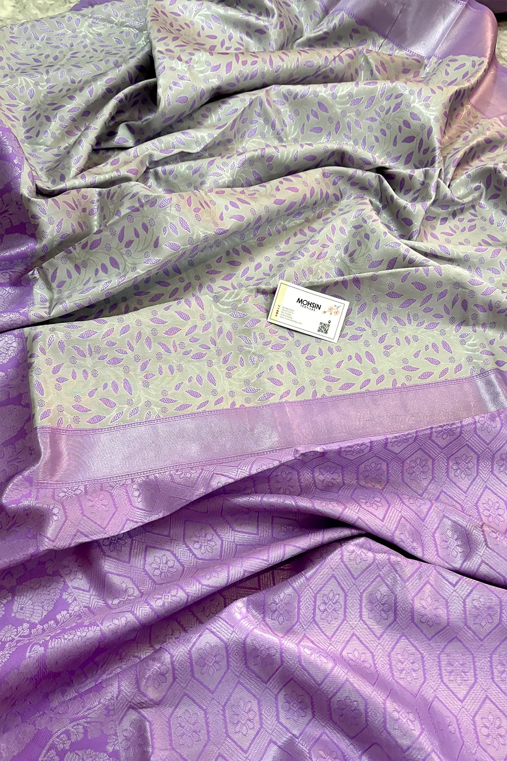 White and Lavender Resham Zari Banarasi Silk Saree