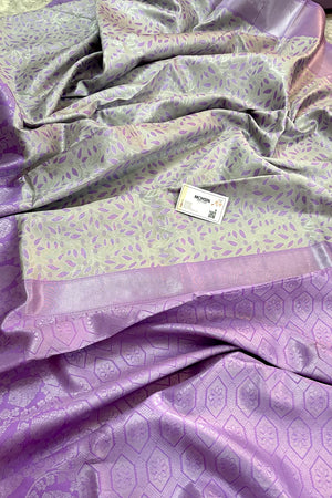 White and Lavender Resham Zari Banarasi Silk Saree