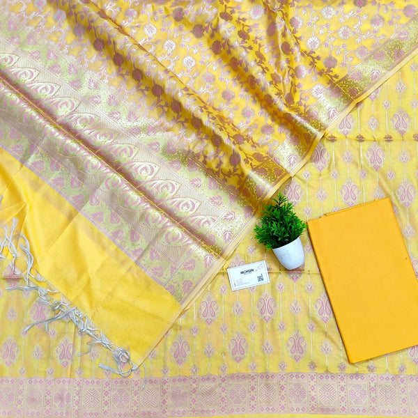 Yellow Pink Meena Katan Silk Banarasi Suit