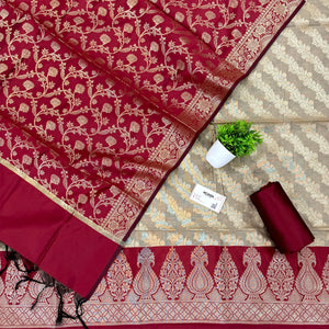 Beige and Maroon Kalgha Laheriya Banarasi Silk Suit