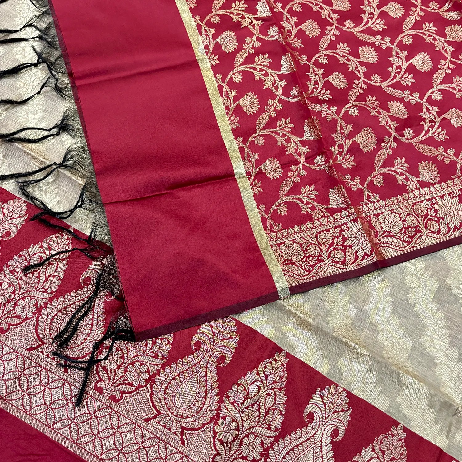 Beige and Maroon Kalgha Laheriya Banarasi Silk Suit