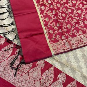 Beige and Maroon Kalgha Laheriya Banarasi Silk Suit